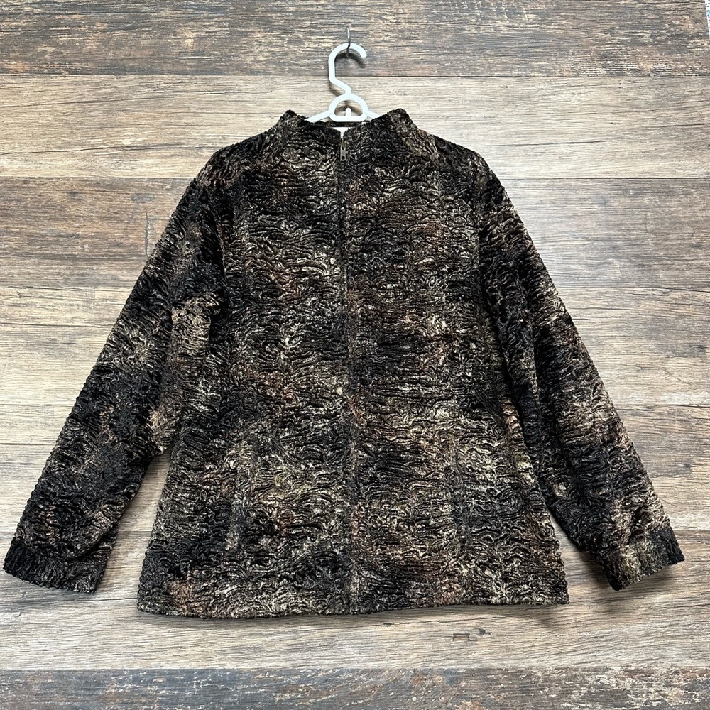 Chico's Design Teddy Jacket Black and‎ Brown Plush Full Zip